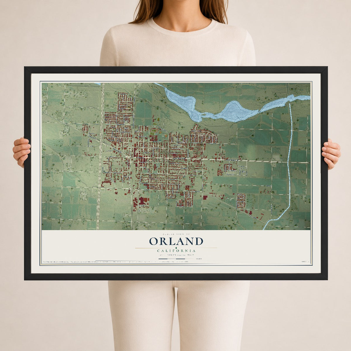 Map of Orland, California, 24 x 36 inch print in a black wood frame