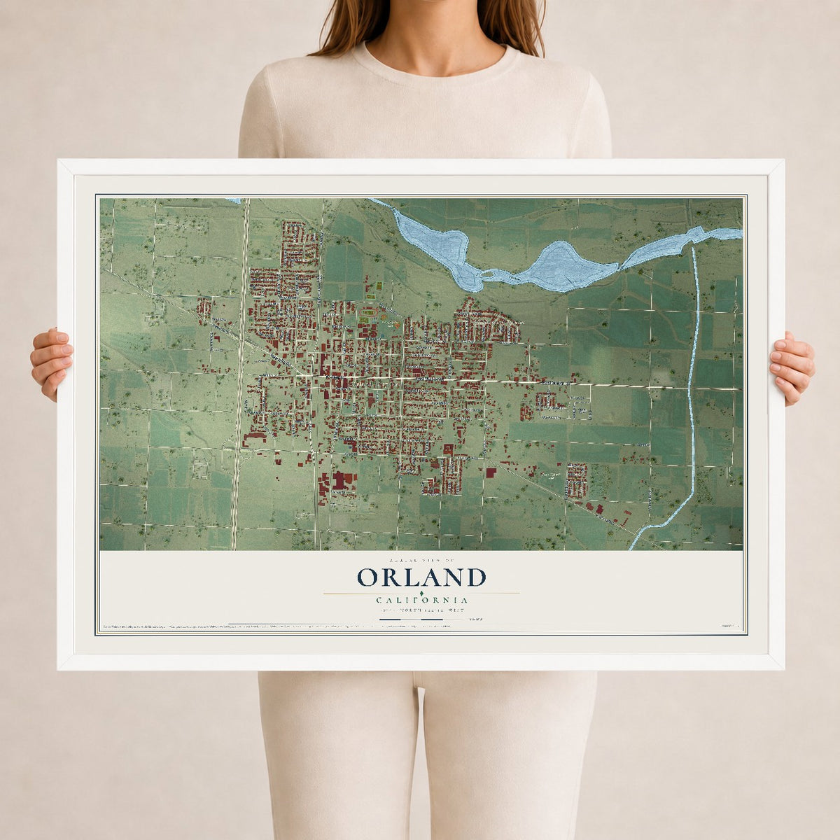 Map of Orland, California, 24 x 36 inch print in a white wood frame