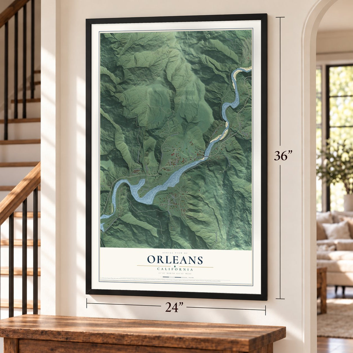 Orleans, California map, 24 x 36 inch print in a black frame by a staircase