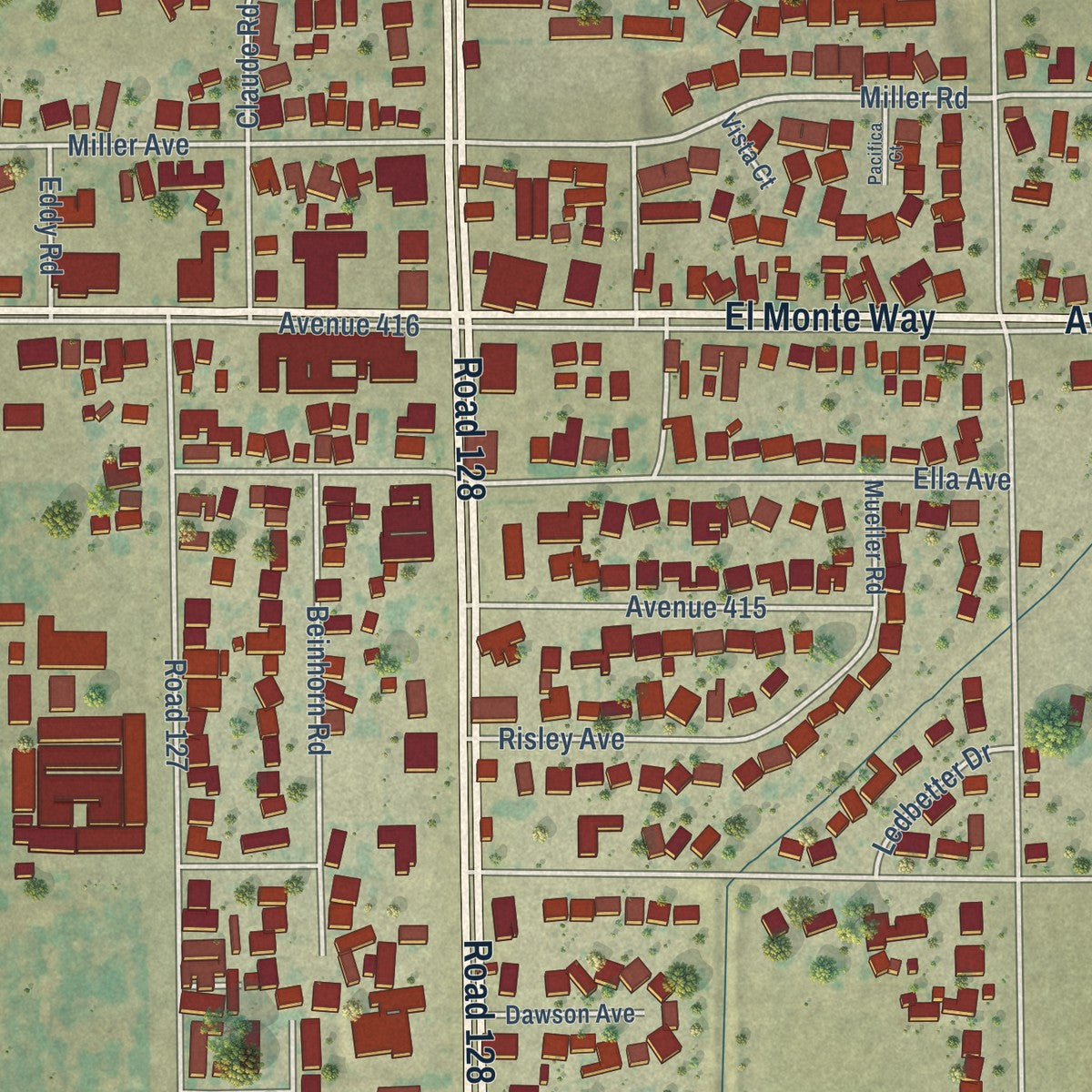 Close-up of the map of Orosi, California print showing street and building detail