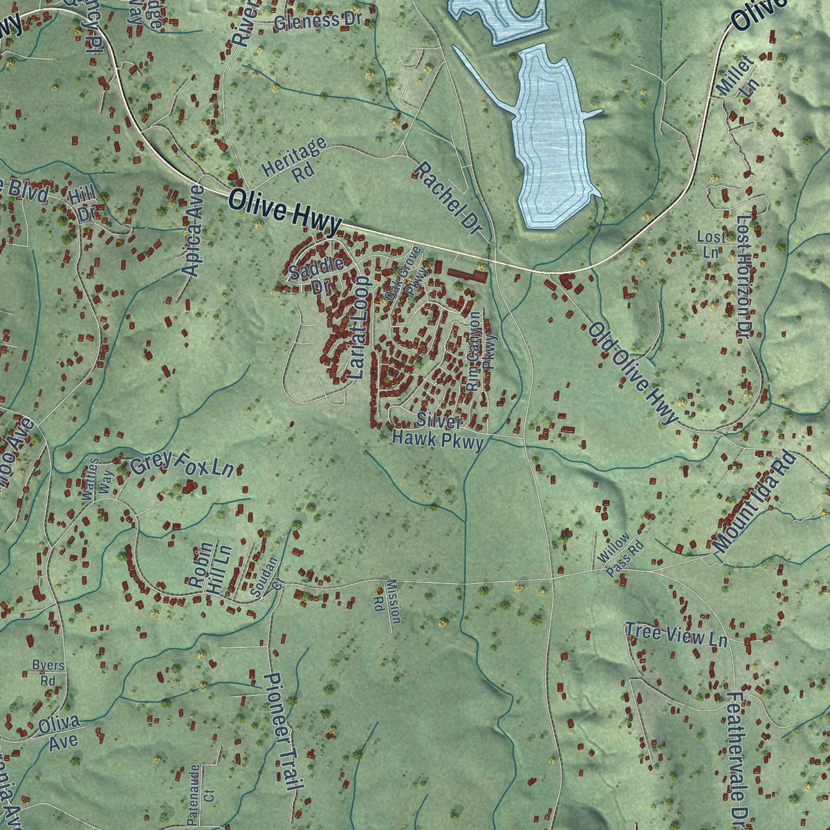 Close-up of the map of Oroville East, California print showing street and building detail