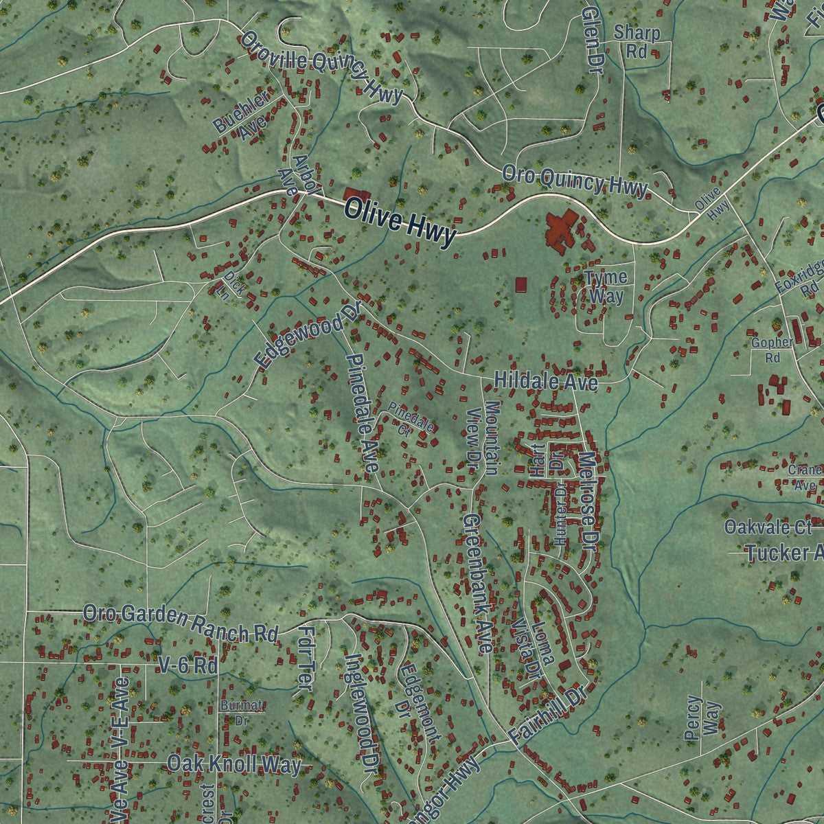 Second close-up of the map of Oroville East, California print showing more streets and buildings