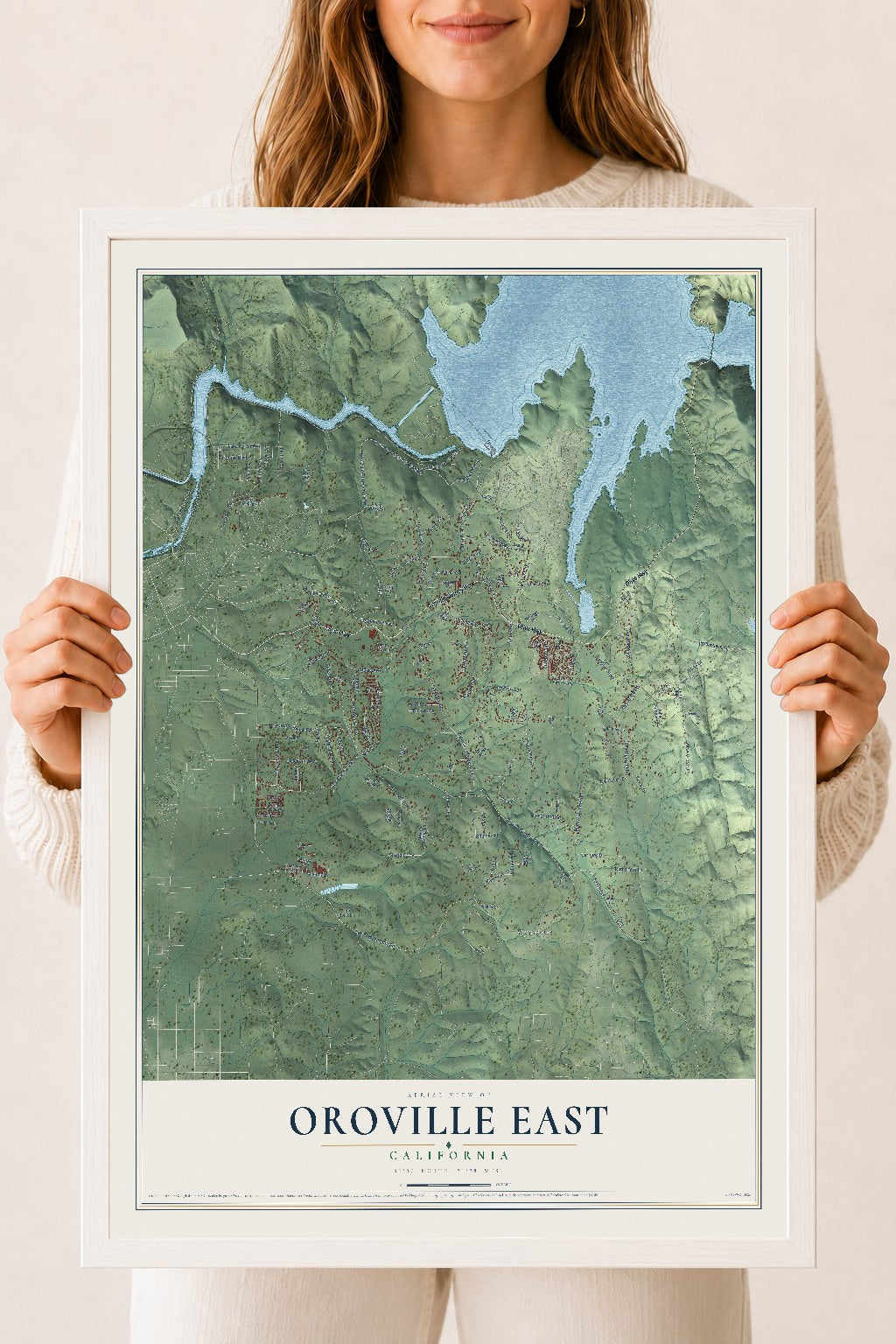 Map of Oroville East, California, 18 x 24 inch print in a white wood frame