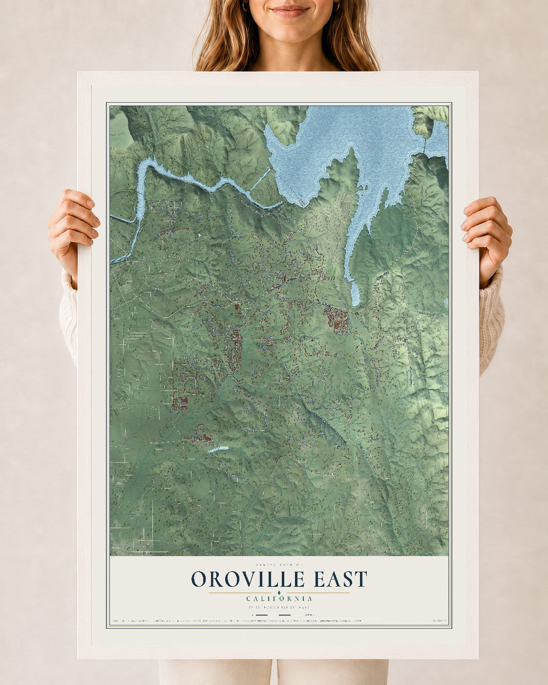 Map of Oroville East, California, 24 x 36 inch print in a white wood frame