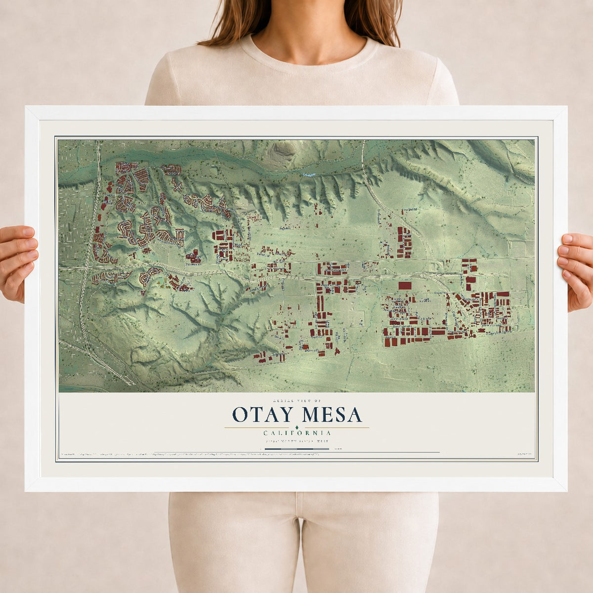 Map of Otay Mesa, California, 18 x 24 inch print in a white wood frame
