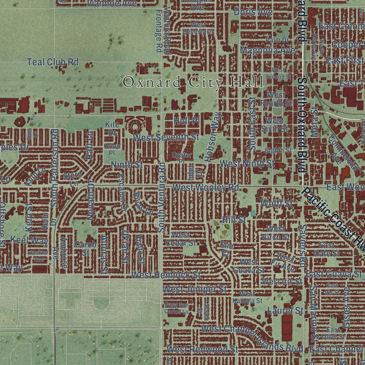 Close-up of the map of Oxnard, California print showing street and building detail