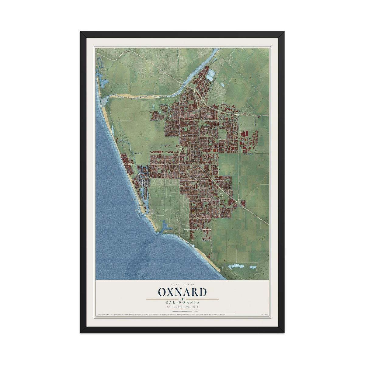 Map of Oxnard, California, 12 x 18 inch print in a black wood frame