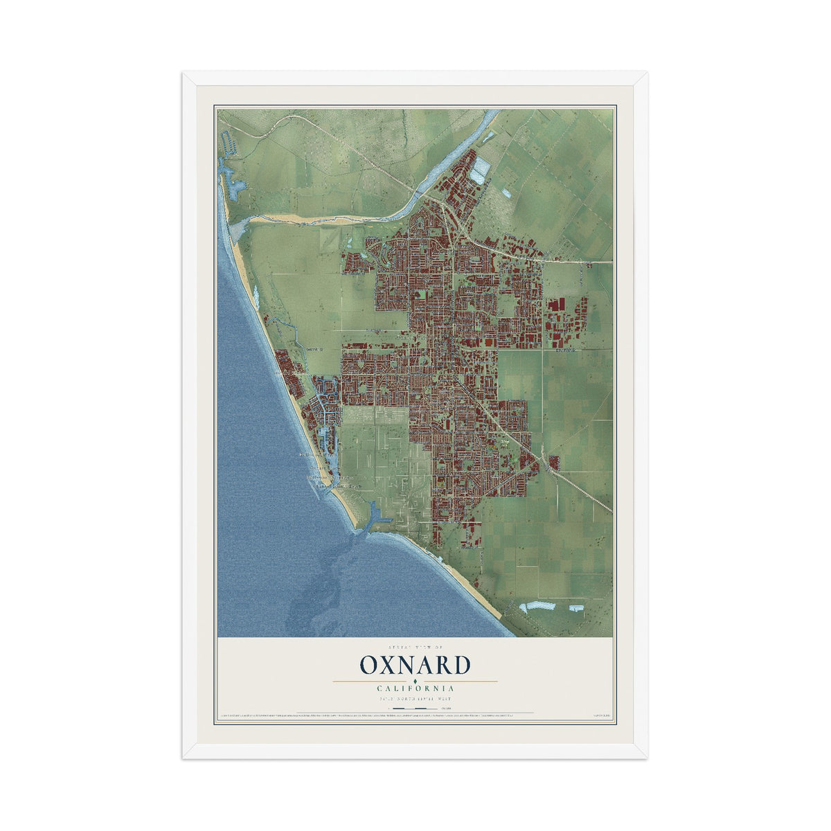 Map of Oxnard, California, 12 x 18 inch print in a white wood frame