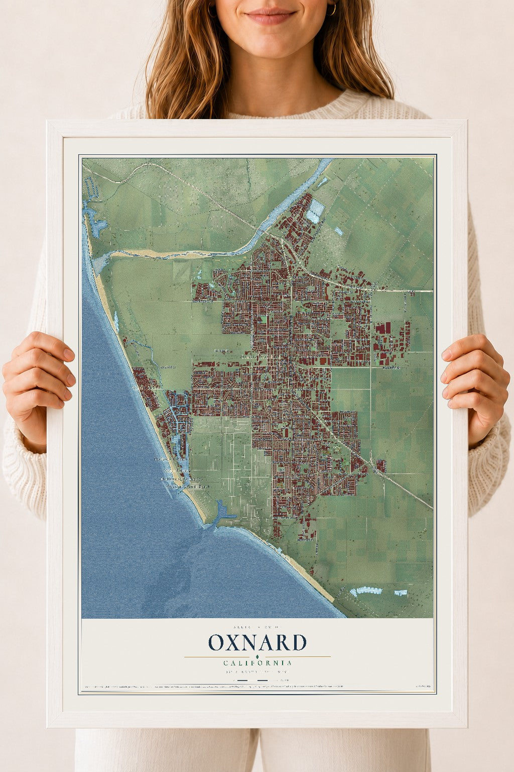 Map of Oxnard, California, 18 x 24 inch print in a white wood frame