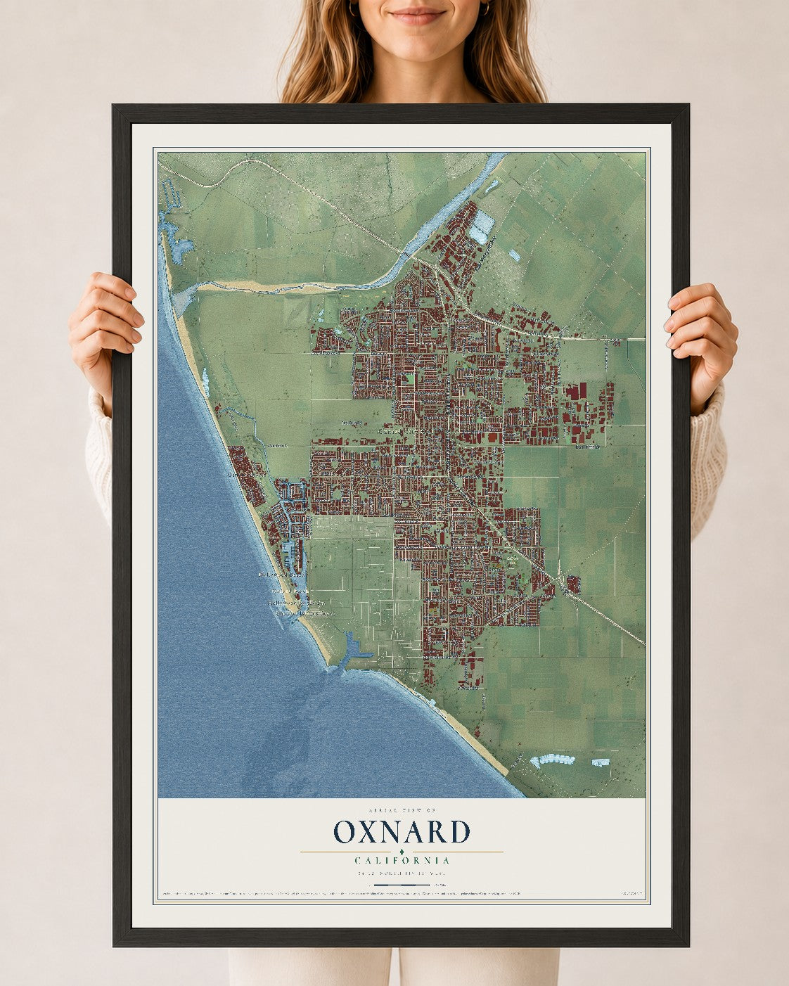 Map of Oxnard, California, 24 x 36 inch print in a black wood frame