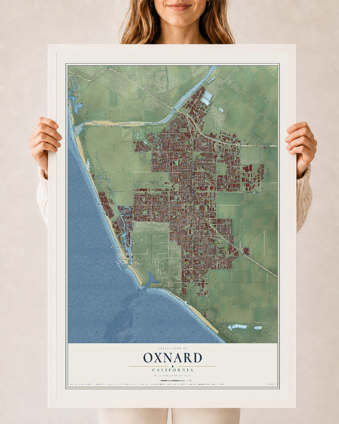 Map of Oxnard, California, 24 x 36 inch print in a white wood frame