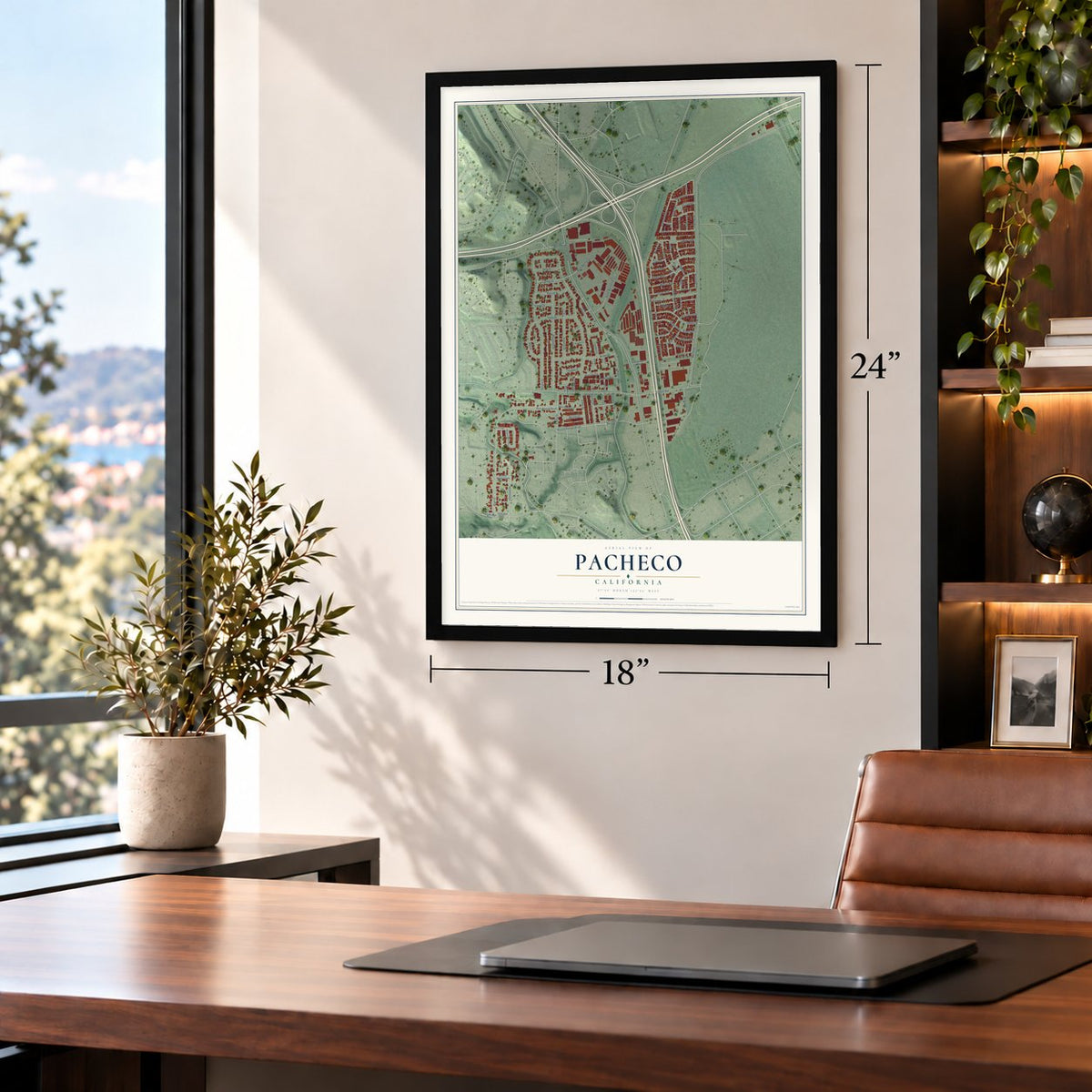 Pacheco, California map, 18 x 24 inch print in a black frame in a home office