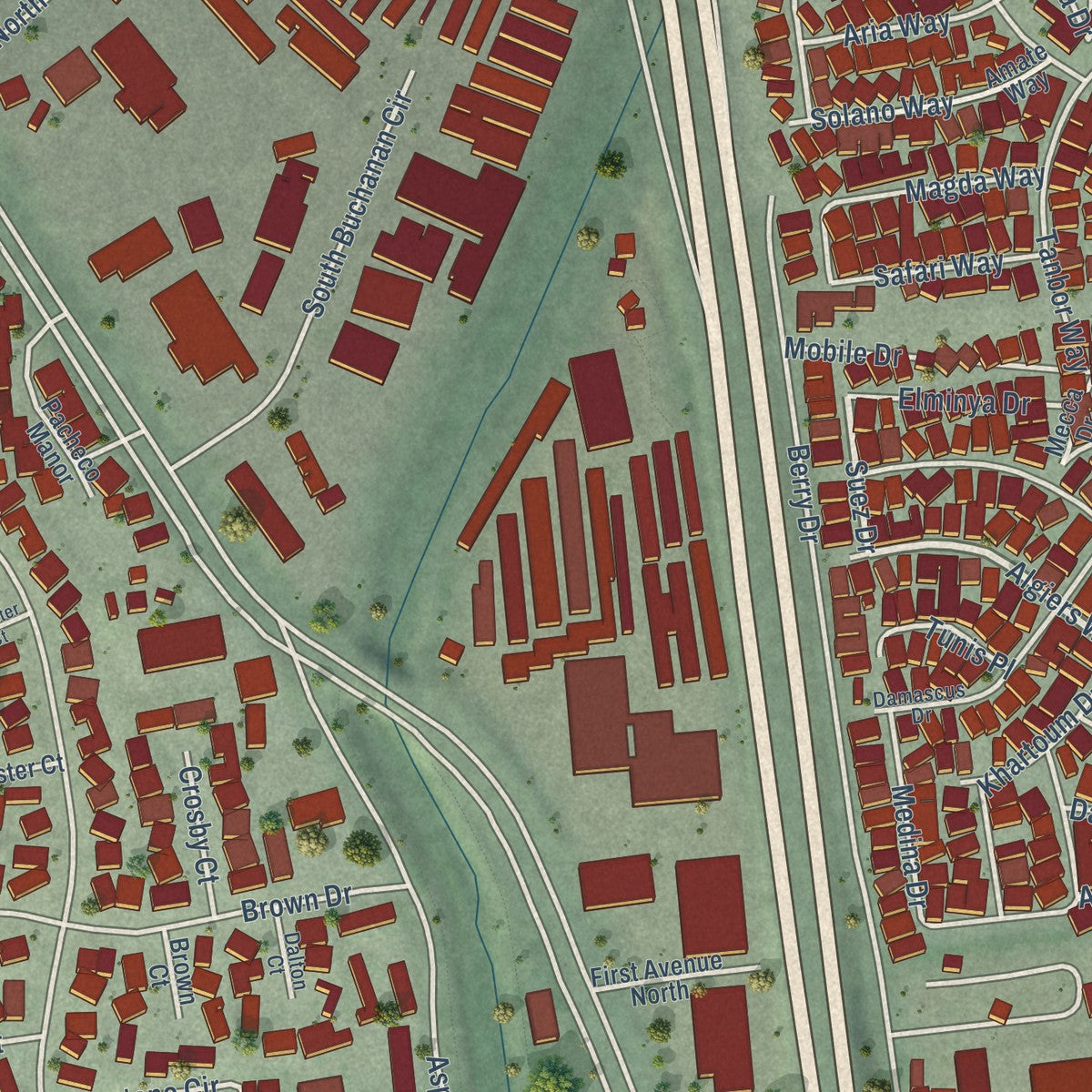 Close-up of the map of Pacheco, California print showing street and building detail