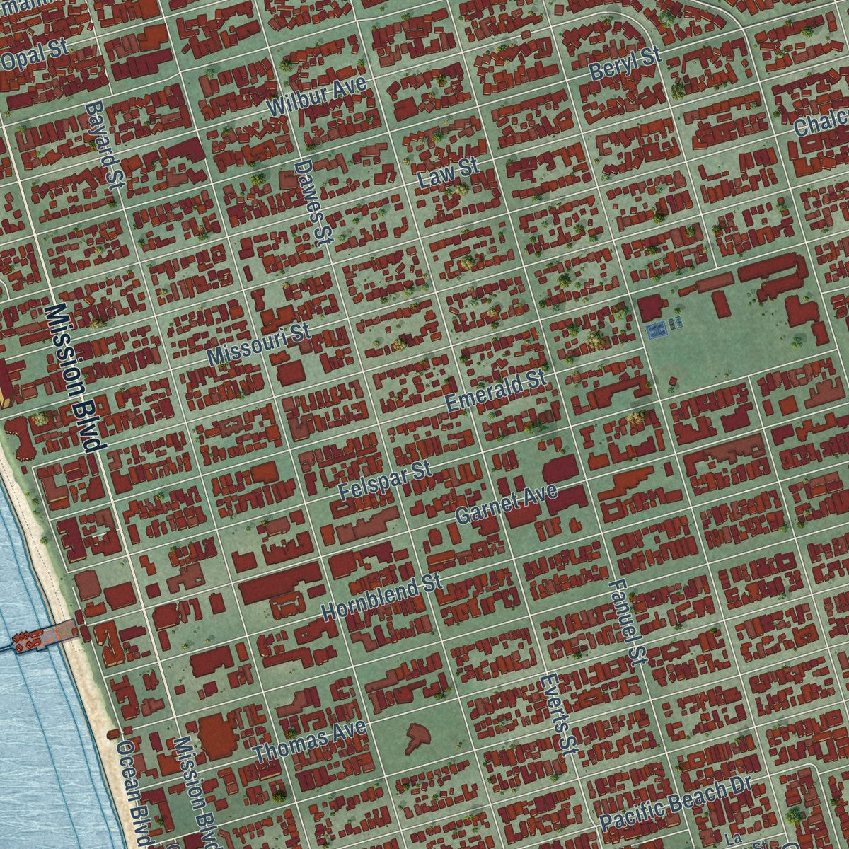Close-up of the map of Pacific Beach, California print showing street and building detail