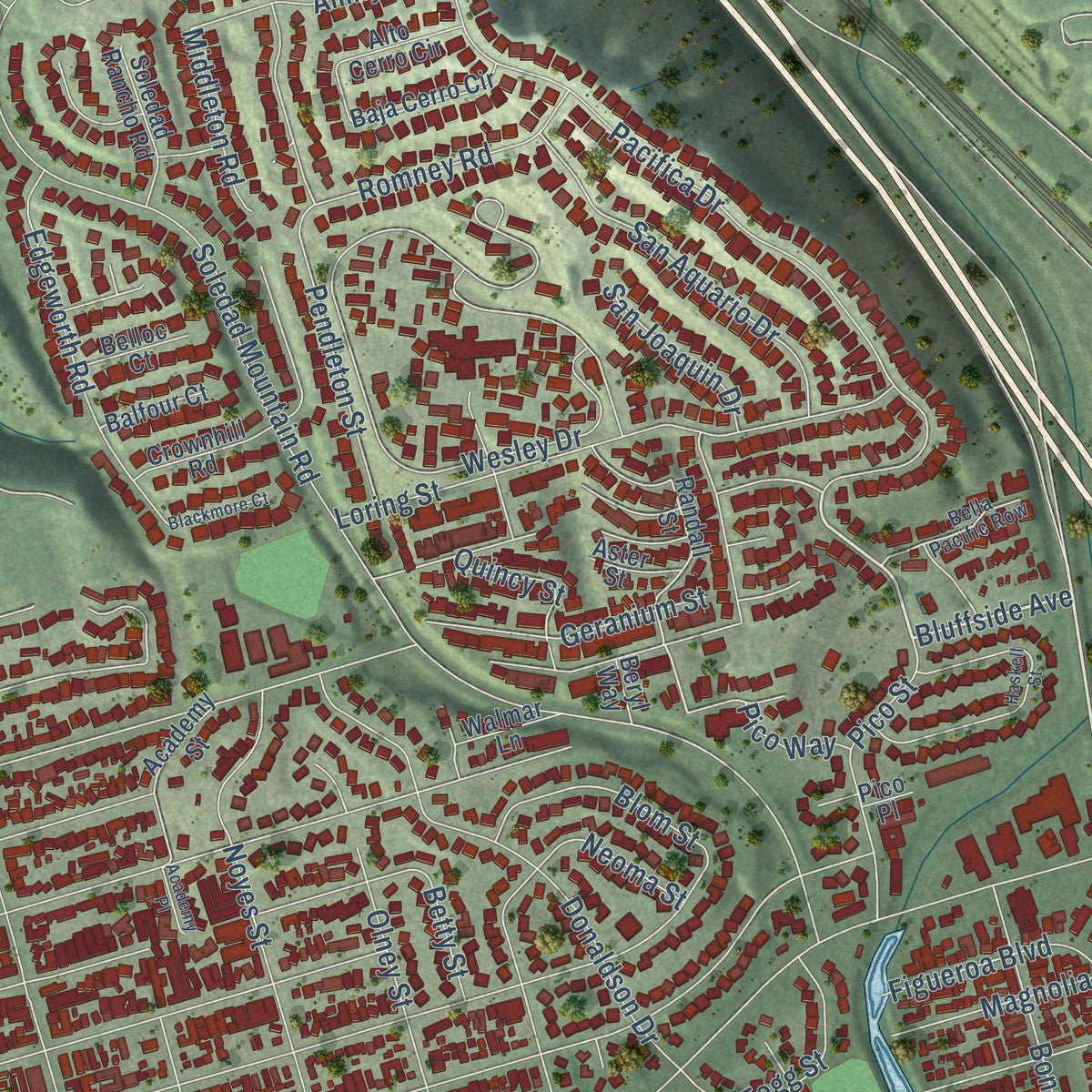 Second close-up of the map of Pacific Beach, California print showing more streets and buildings