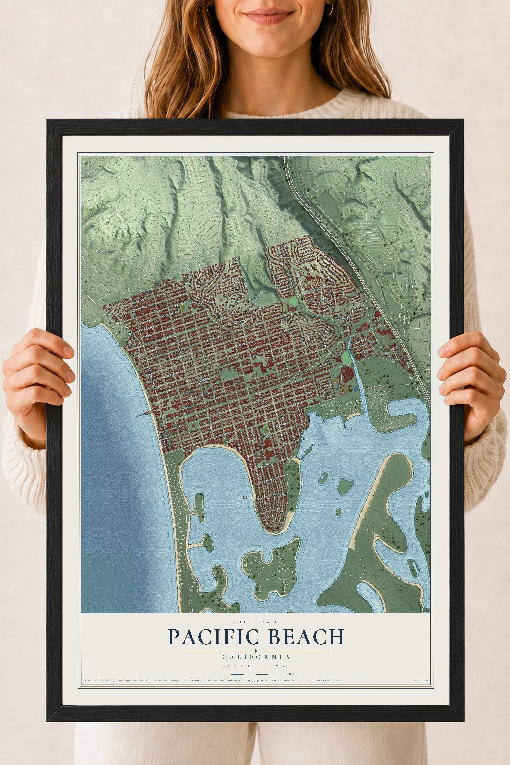 Map of Pacific Beach, California, 18 x 24 inch print in a black wood frame