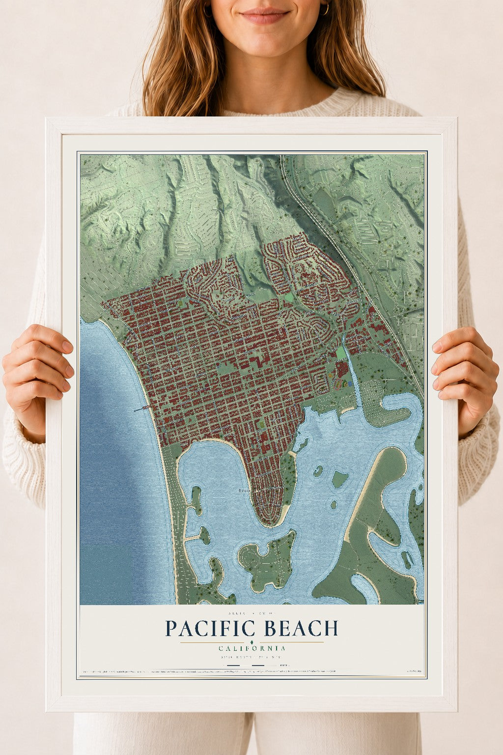 Map of Pacific Beach, California, 18 x 24 inch print in a white wood frame