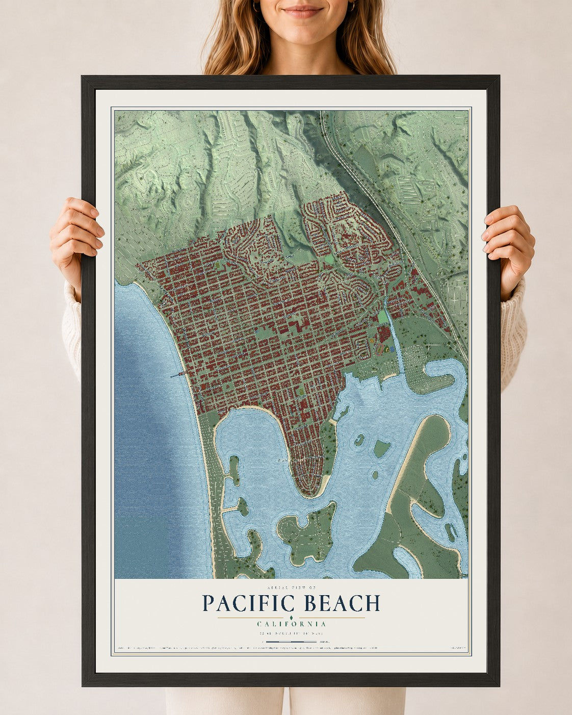 Map of Pacific Beach, California, 24 x 36 inch print in a black wood frame