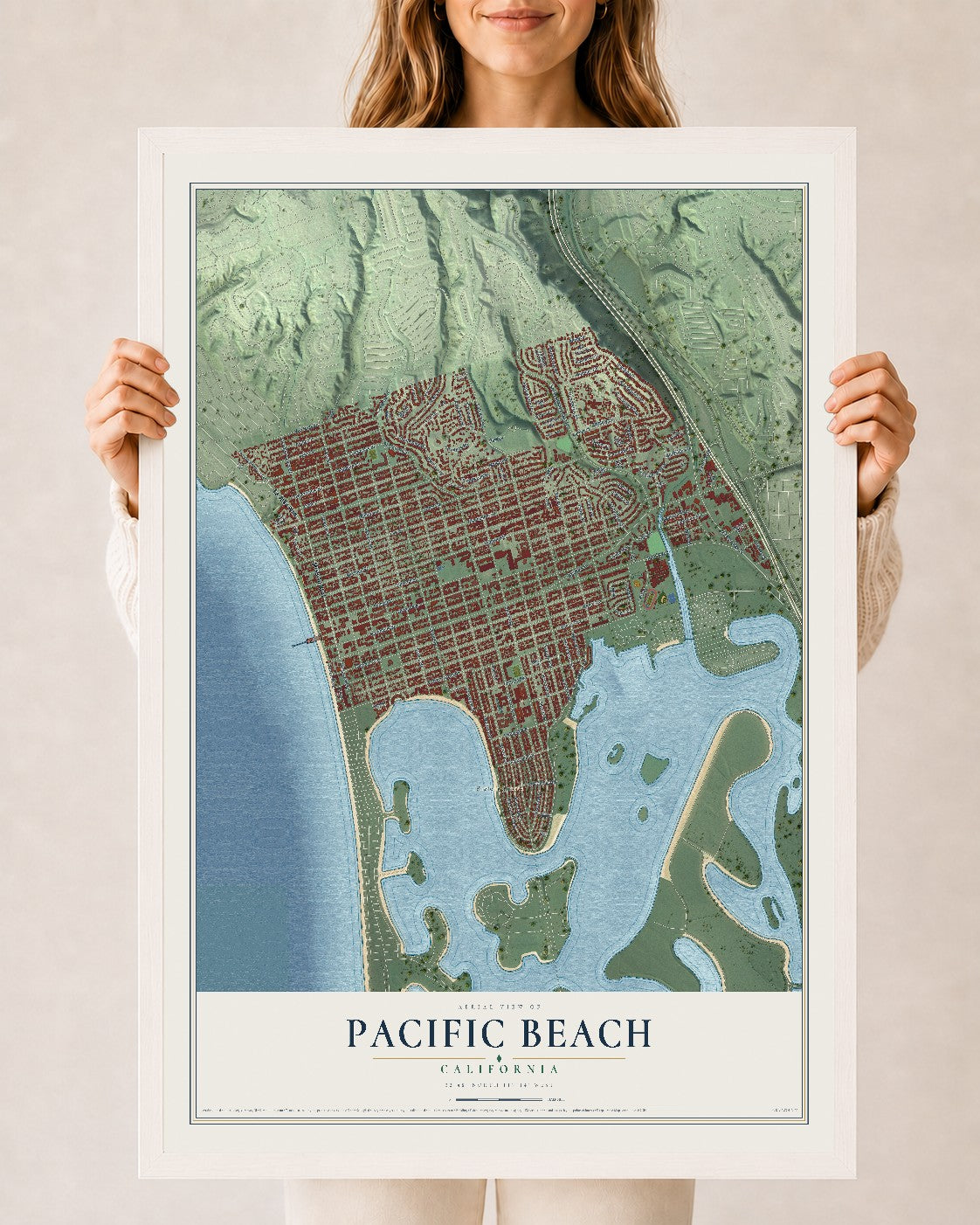 Map of Pacific Beach, California, 24 x 36 inch print in a white wood frame