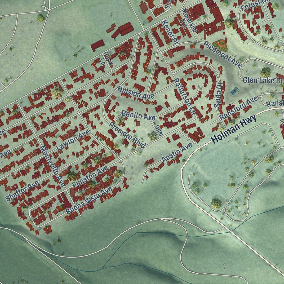 Second close-up of the map of Pacific Grove, California print showing more streets and buildings