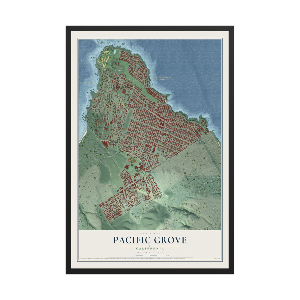 Map of Pacific Grove, California, 12 x 18 inch print in a black wood frame