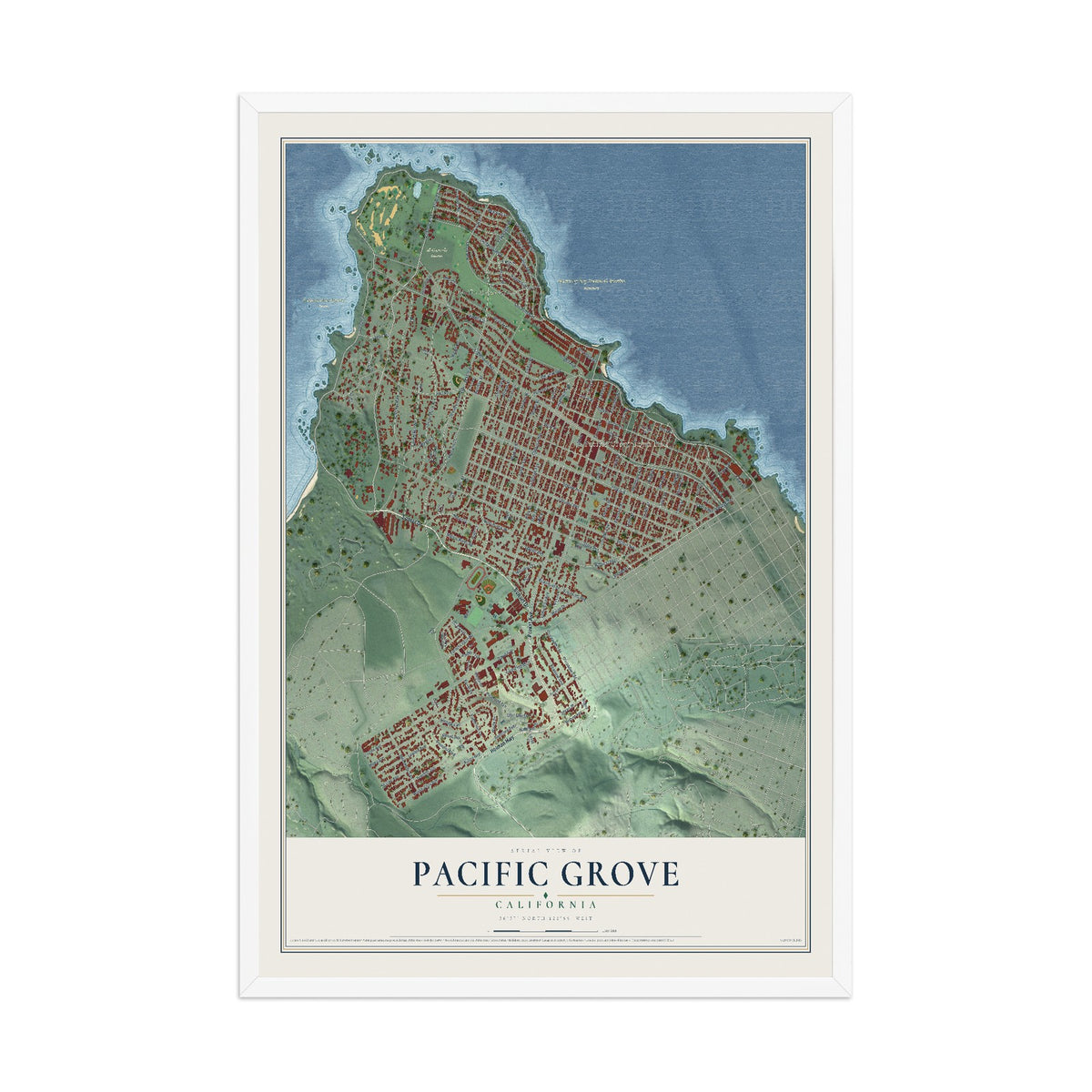 Map of Pacific Grove, California, 12 x 18 inch print in a white wood frame