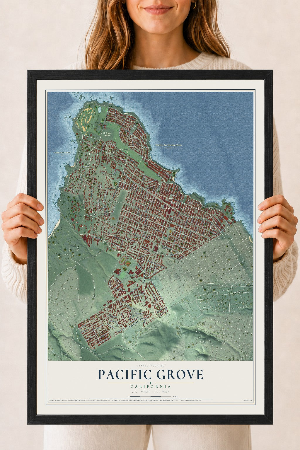 Map of Pacific Grove, California, 18 x 24 inch print in a black wood frame