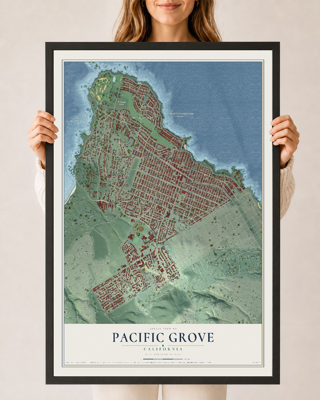 Map of Pacific Grove, California, 24 x 36 inch print in a black wood frame