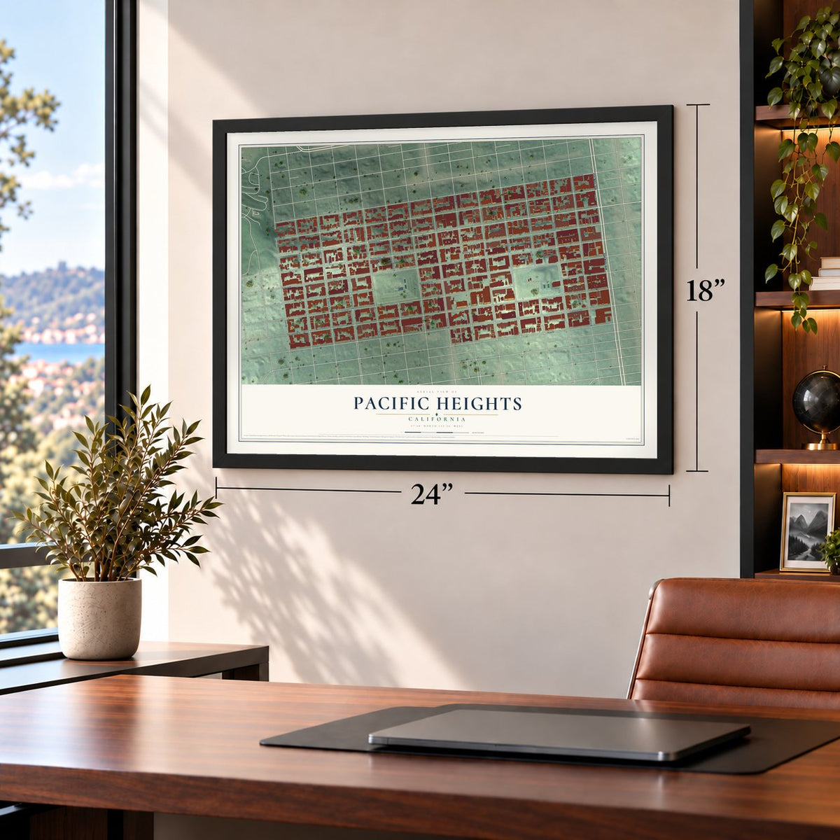 Pacific Heights, California map, 18 x 24 inch print in a black frame in a home office