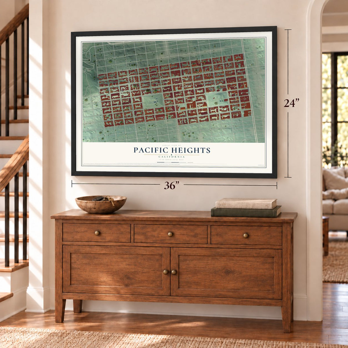 Pacific Heights, California map, 24 x 36 inch print in a black frame above a dresser by a staircase