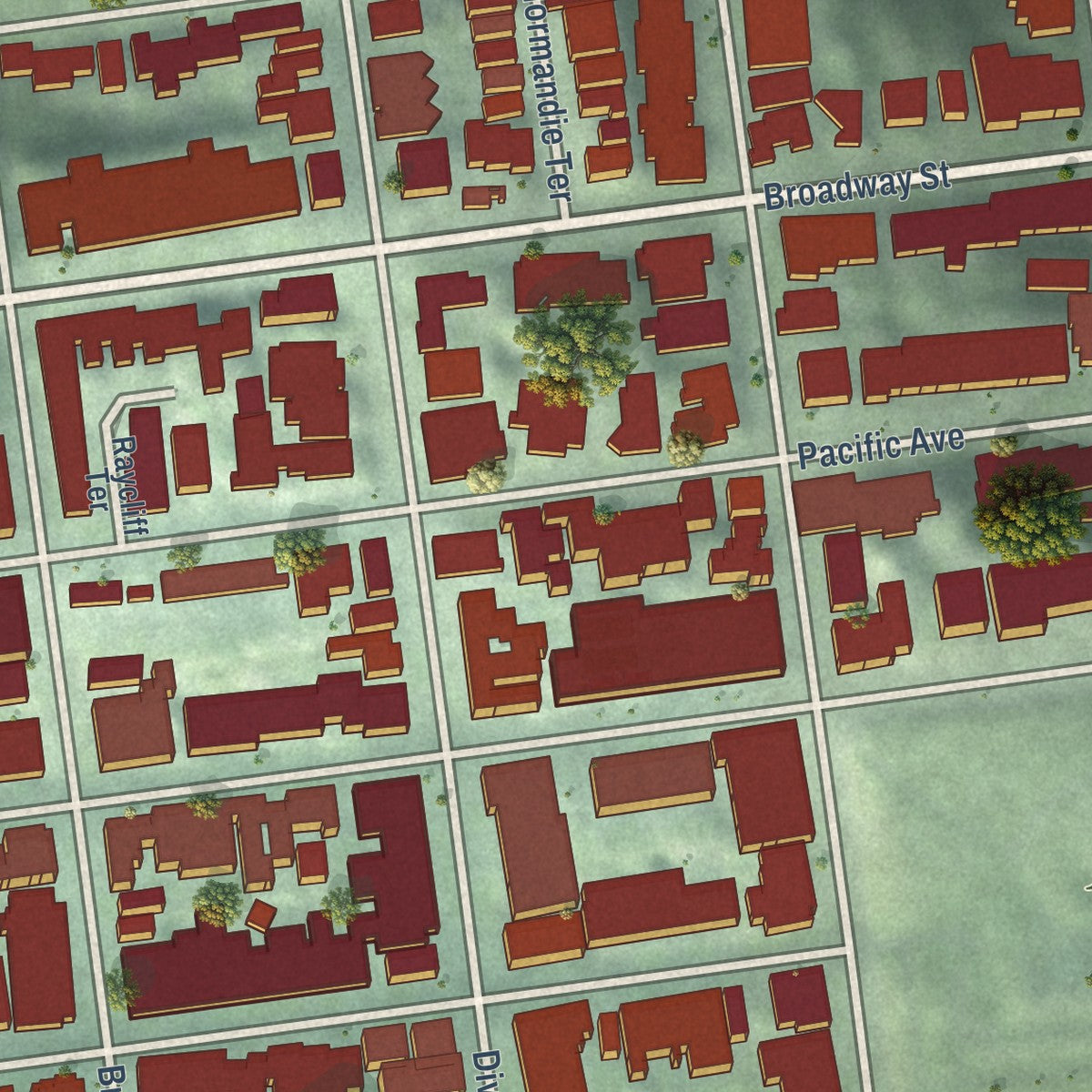 Close-up of the map of Pacific Heights, California print showing street and building detail