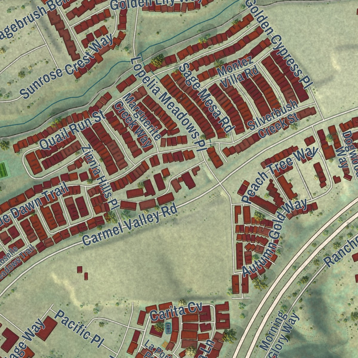 Close-up of the map of Pacific Highlands Ranch, California print showing street and building detail