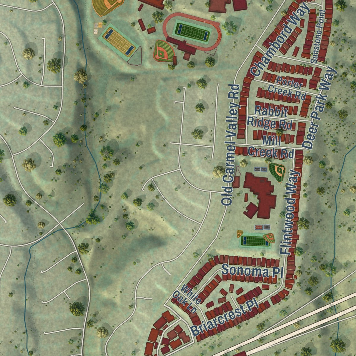 Second close-up of the map of Pacific Highlands Ranch, California print showing more streets and buildings