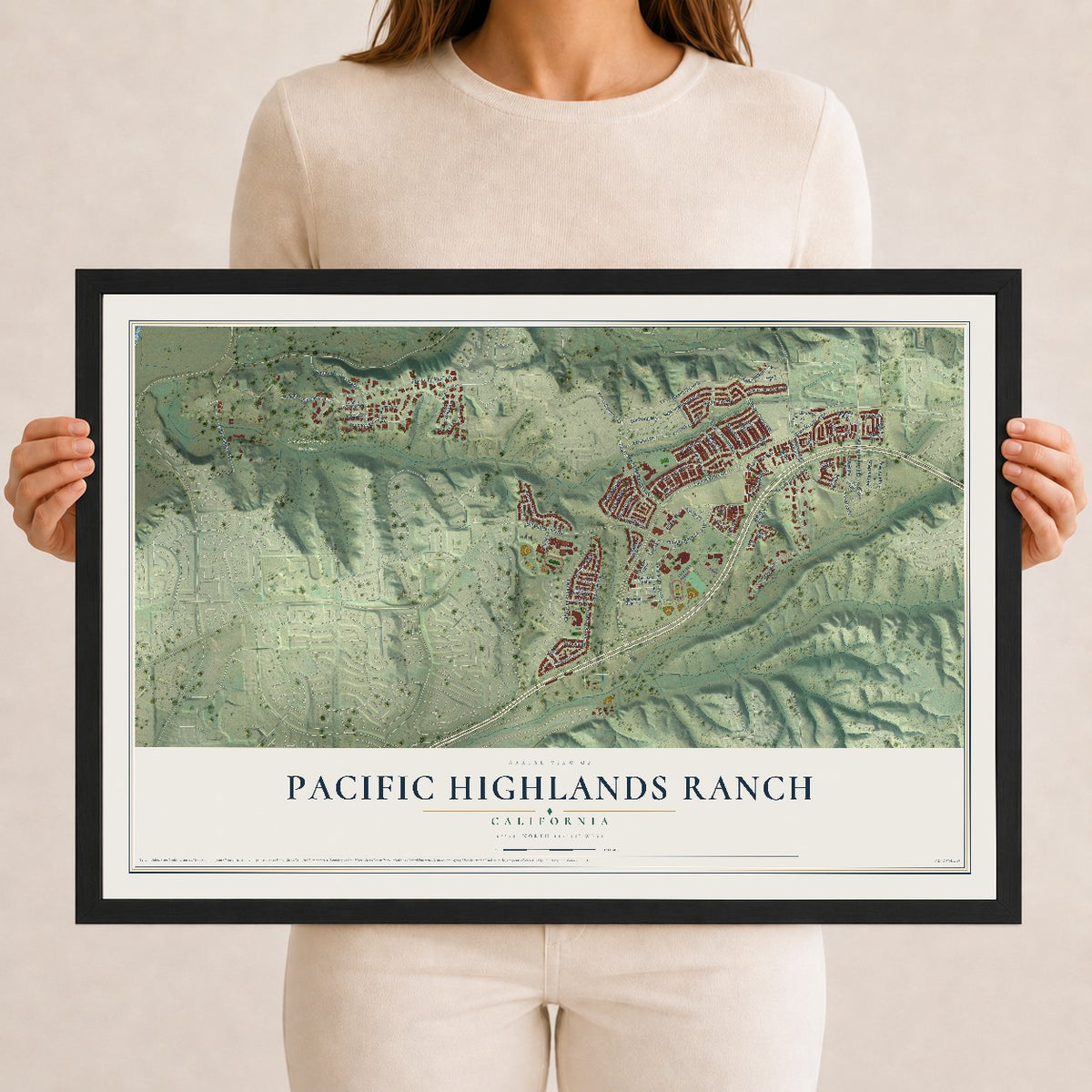 Map of Pacific Highlands Ranch, California, 12 x 18 inch print in a black wood frame