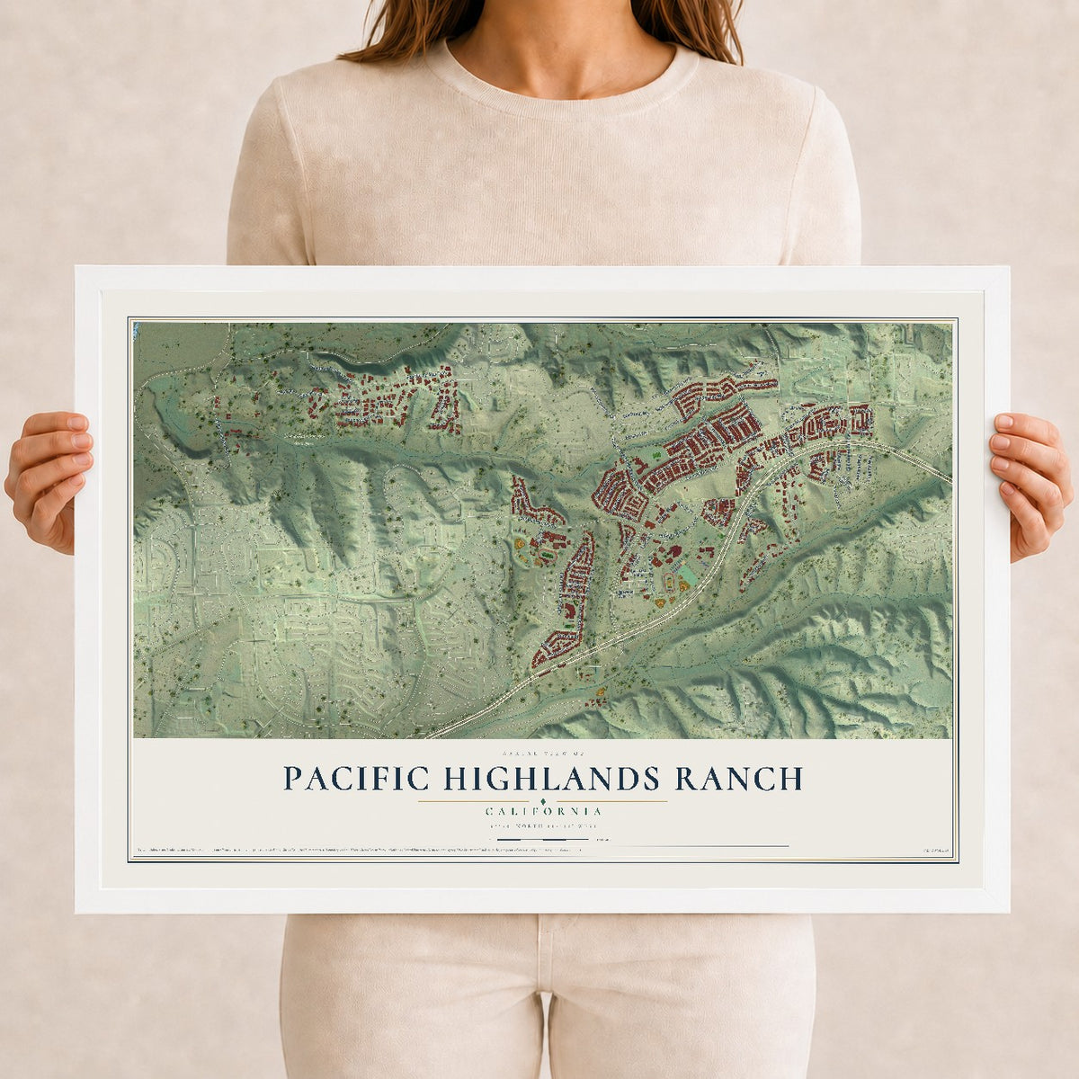 Map of Pacific Highlands Ranch, California, 12 x 18 inch print in a white wood frame