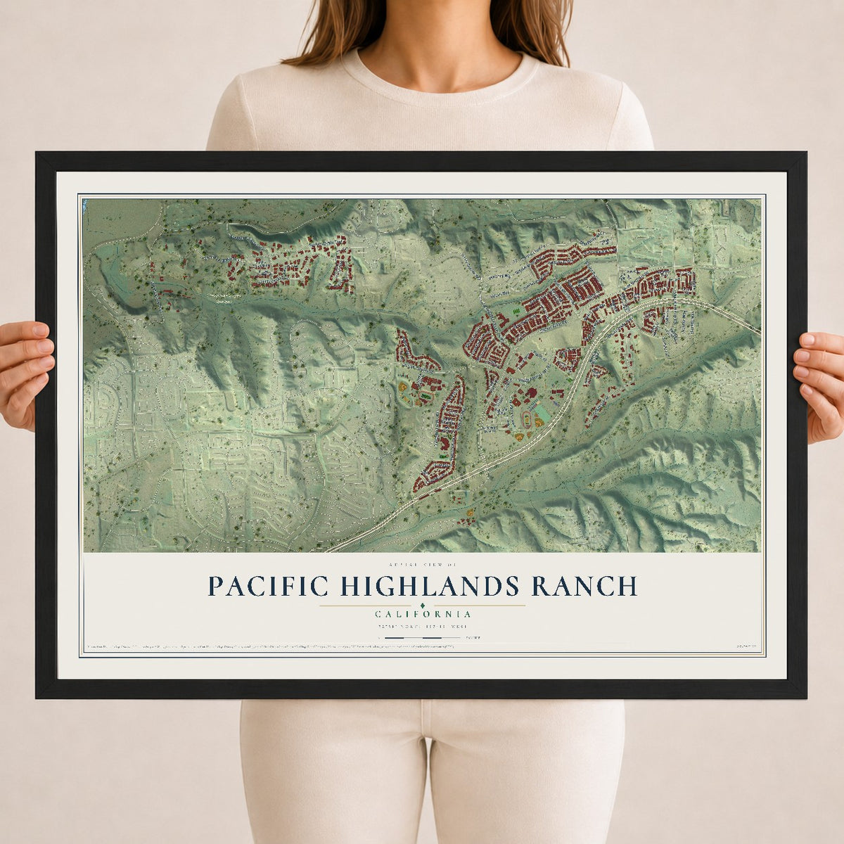 Map of Pacific Highlands Ranch, California, 18 x 24 inch print in a black wood frame
