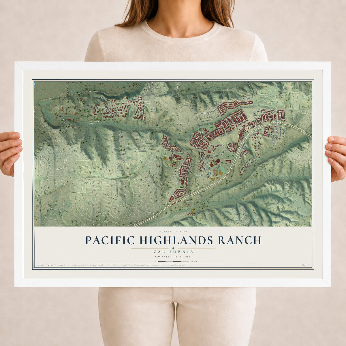 Map of Pacific Highlands Ranch, California, 18 x 24 inch print in a white wood frame