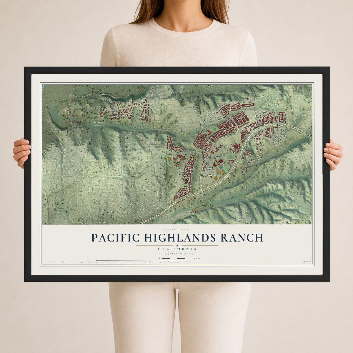 Map of Pacific Highlands Ranch, California, 24 x 36 inch print in a black wood frame