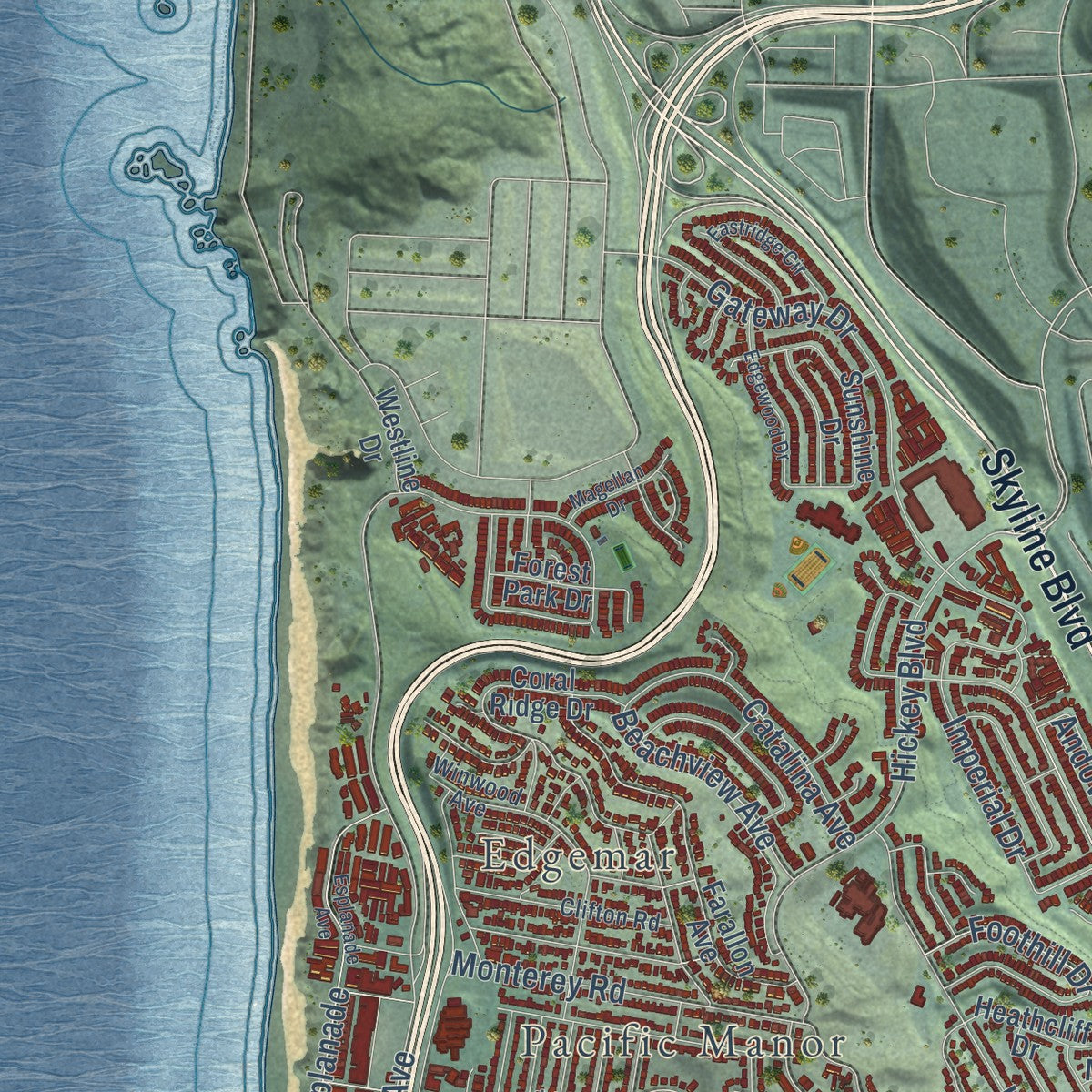 Close-up of the map of Pacifica, California print showing street and building detail