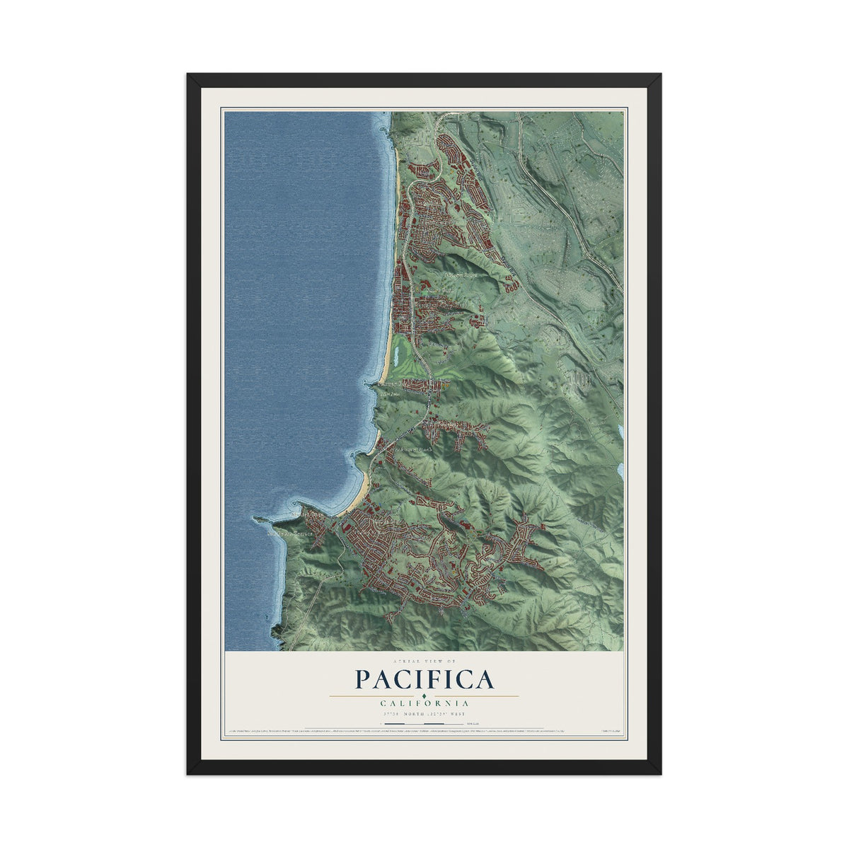 Map of Pacifica, California, 12 x 18 inch print in a black wood frame