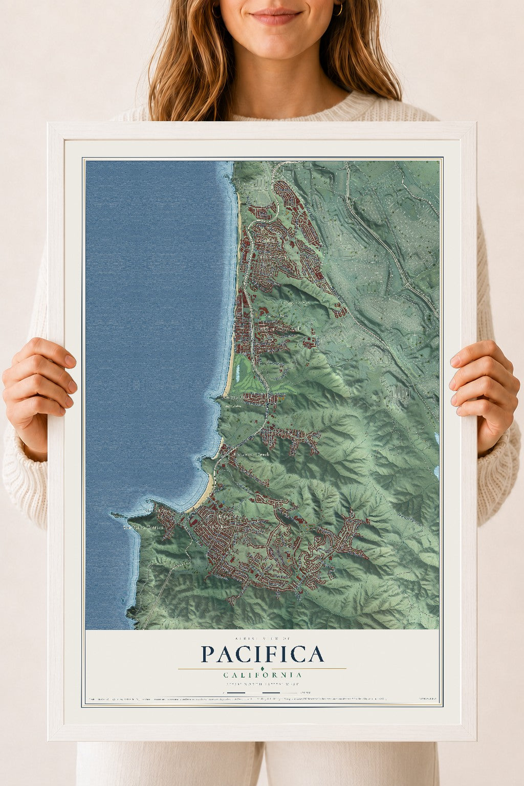 Map of Pacifica, California, 18 x 24 inch print in a white wood frame