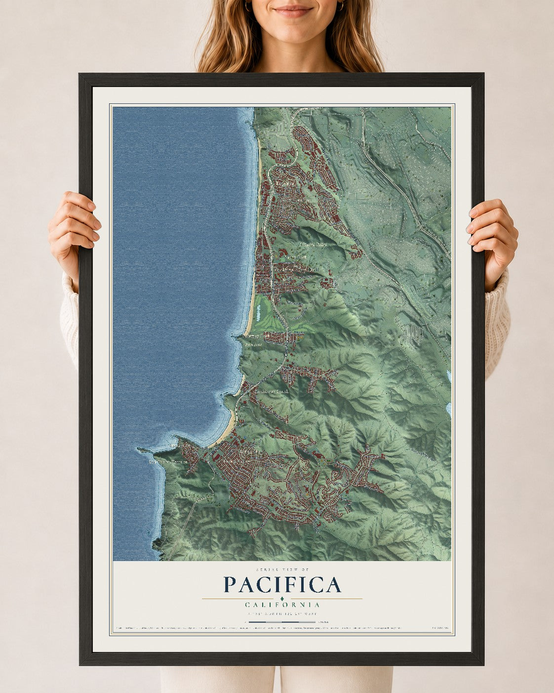 Map of Pacifica, California, 24 x 36 inch print in a black wood frame