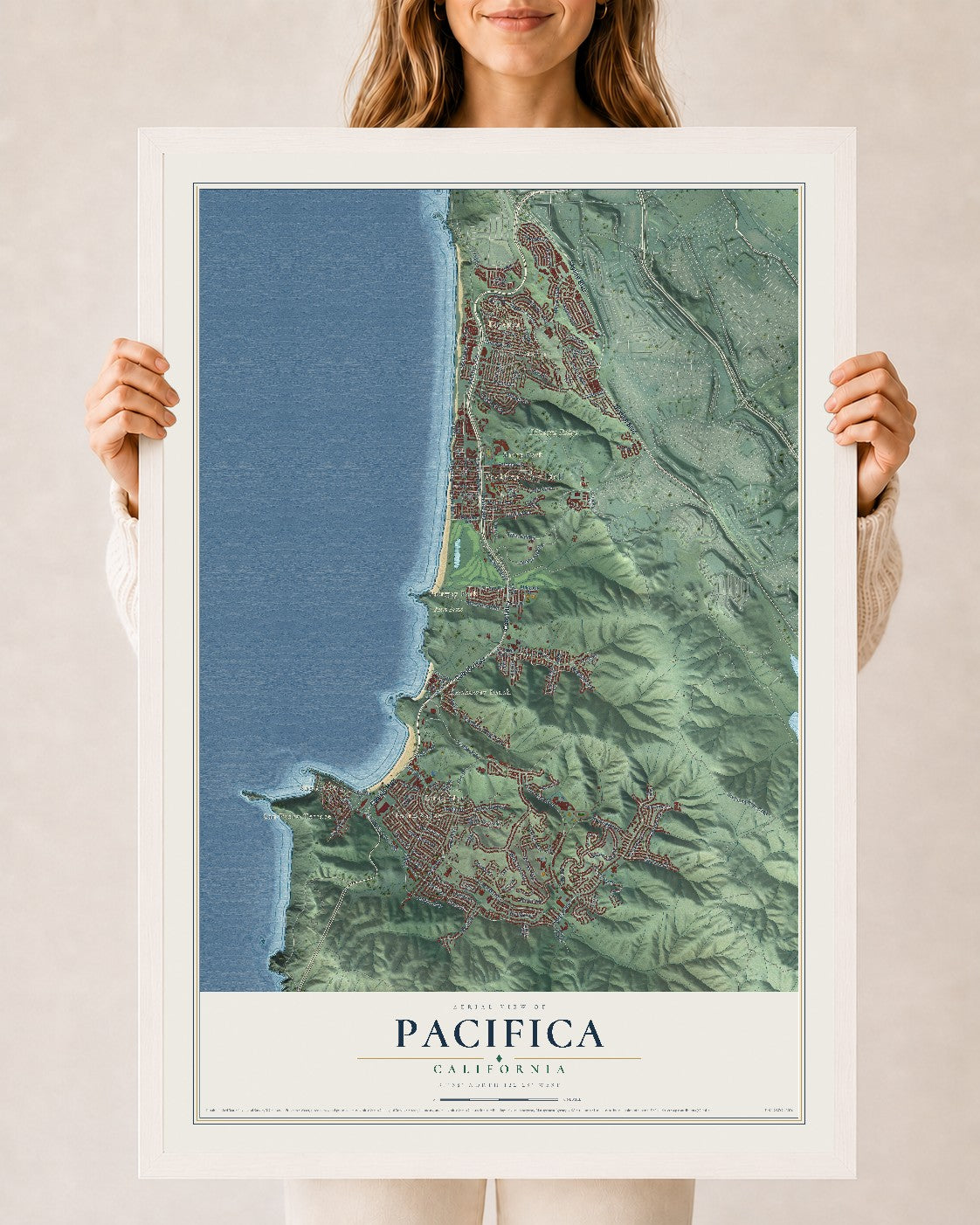 Map of Pacifica, California, 24 x 36 inch print in a white wood frame