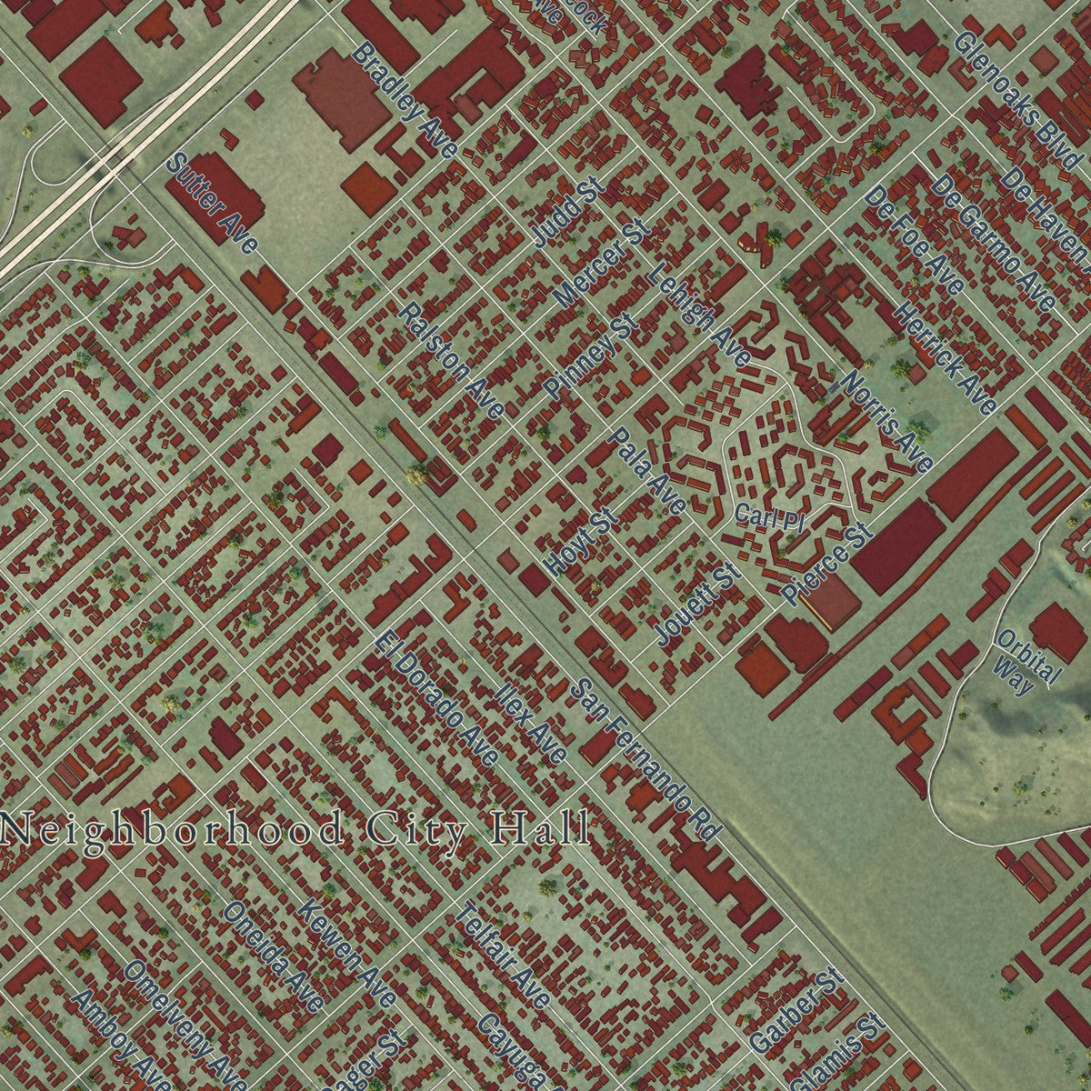 Close-up of the map of Pacoima, California print showing street and building detail