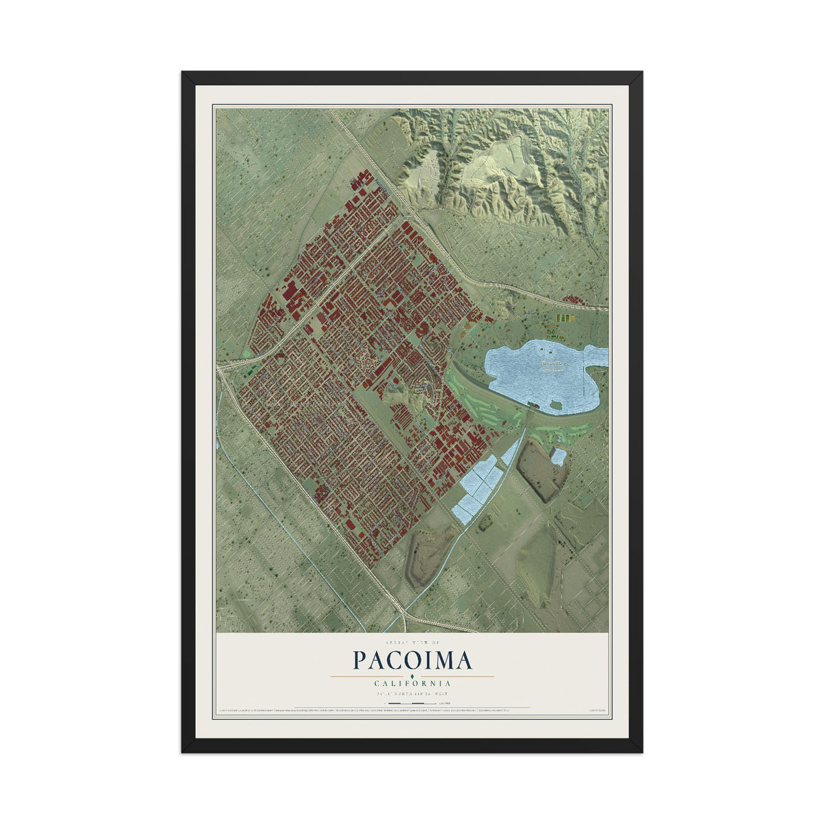 Map of Pacoima, California, 12 x 18 inch print in a black wood frame