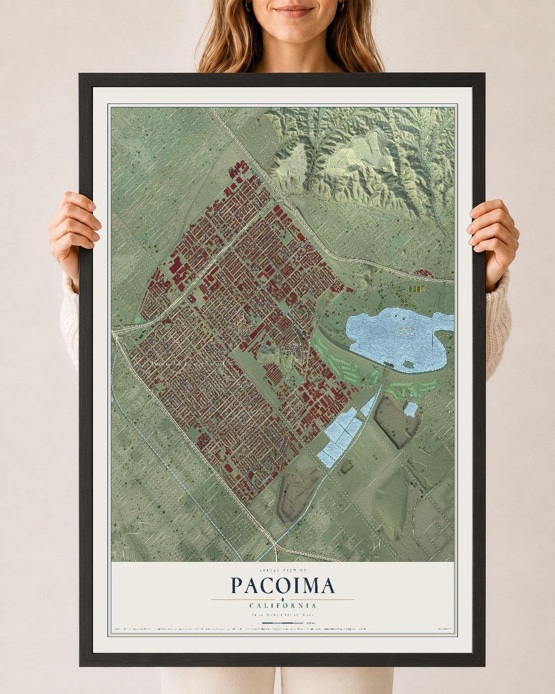 Map of Pacoima, California, 24 x 36 inch print in a black wood frame
