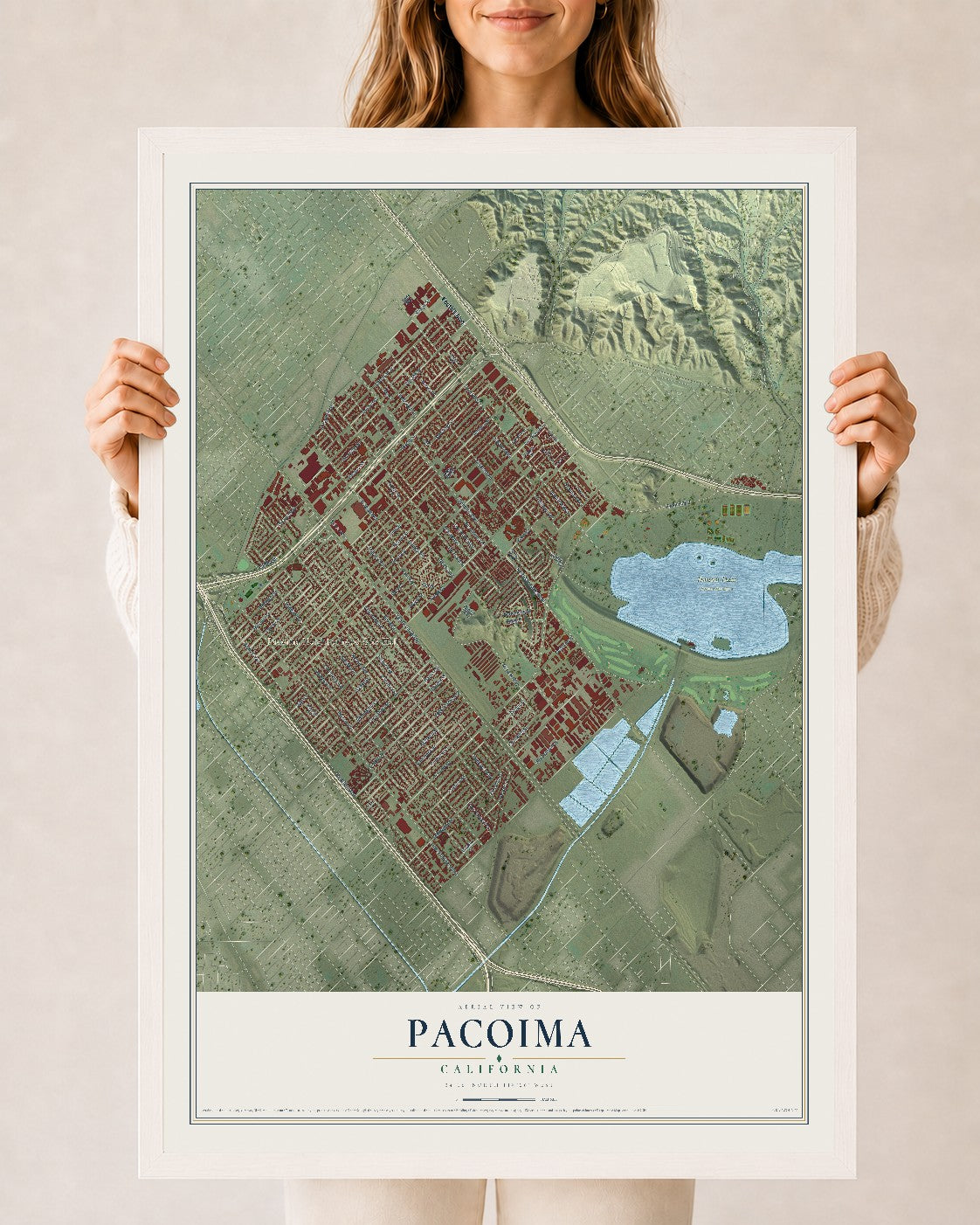 Map of Pacoima, California, 24 x 36 inch print in a white wood frame