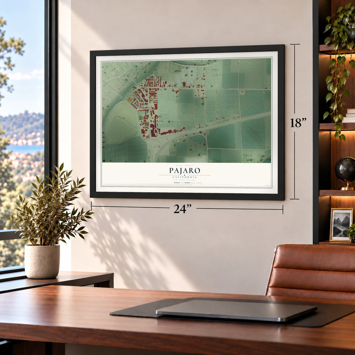 Pajaro, California map, 18 x 24 inch print in a black frame in a home office