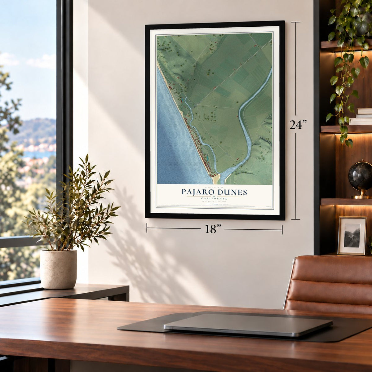 Pajaro Dunes, California map, 18 x 24 inch print in a black frame in a home office