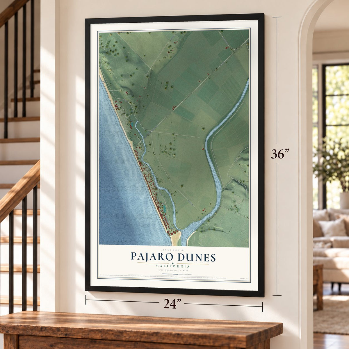 Pajaro Dunes, California map, 24 x 36 inch print in a black frame by a staircase